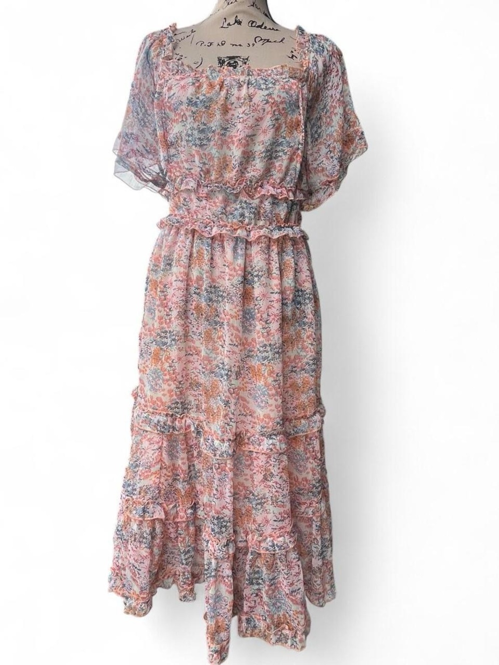 love, Fire Pink & Blue Floral Tiered Maxi Dress